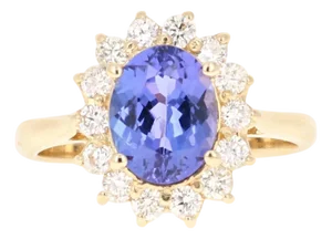 2.59 Carat Oval Cut Tanzanite Diamond 14 Karat Yellow Gold Ring, Size 7