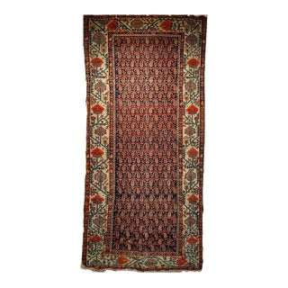 19th Century Persian Kurdish Gallery Rug, Hand-Knotted Wool, All-Over Paisley & Poppy Pattern, Navy & Ivory, 5x10 For Sale