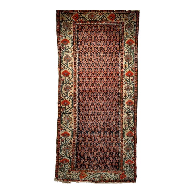 19th Century Persian Kurdish Gallery Rug, Hand-Knotted Wool, All-Over Paisley & Poppy Pattern, Navy & Ivory, 5x10 For Sale