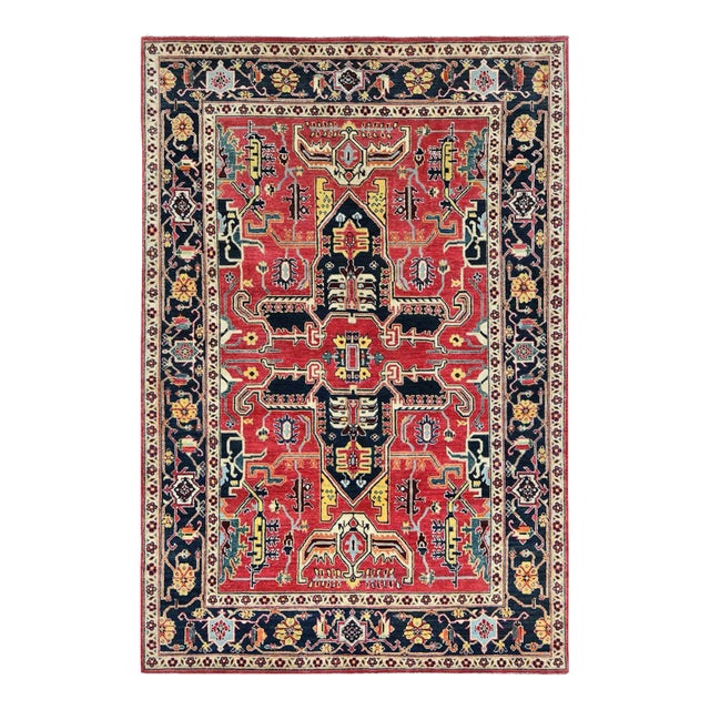 2010s Red, Afghan Peshawar With Large Medallion Heriz Design, Natural Dyes, Densely Woven, Soft Wool, Hand Knotted, Oriental Rug For Sale