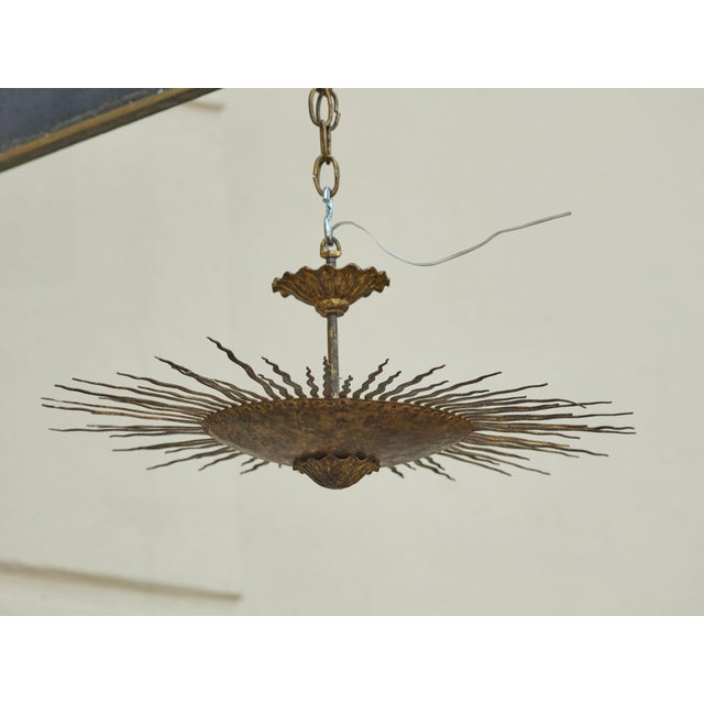 Metal Mid 20th Century Spanish Midcentury Gilt Metal Sunburst Chandelier with Wavy Rays For Sale - Image 7 of 12