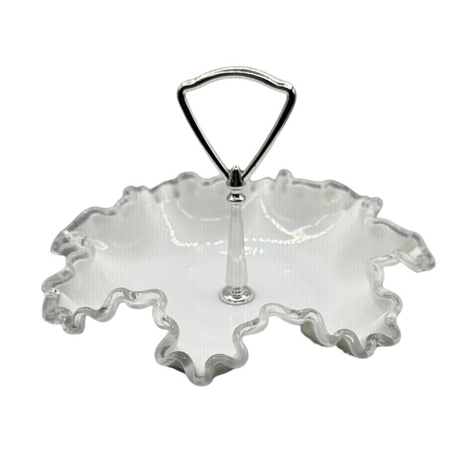 1950’s Fenton Milk Glass Bon Bon Dish With Silver Crest Rim and Metal Handle For Sale - Image 9 of 10