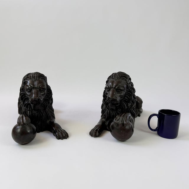 Late 20th Century Pair of Bronze Lion Sculptures With Ball, Classical Guardian Lions - 21 in L For Sale - Image 10 of 10