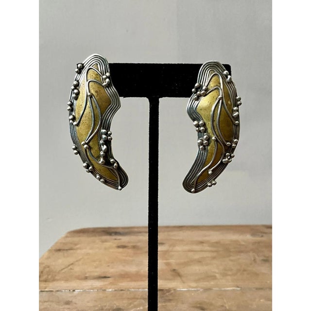 Brass Vintage Boho Robin Schechtel Brass on Sterling Modernist Earrings For Sale - Image 8 of 12