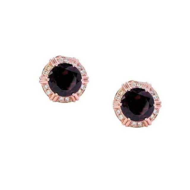 Contemporary Fancy Round Red Garnet Diamond Halo 18 Karat Rose Gold Stud Statement Earrings, A Pair For Sale - Image 3 of 4