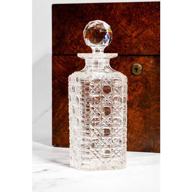 Wood Stunning 19th Century Antique Victorian English Burl Wood 3-Decanter Box With Bramah Lock & Cut Crystal Decanter Luxury Home Decor Barware For Sale - Image 7 of 18