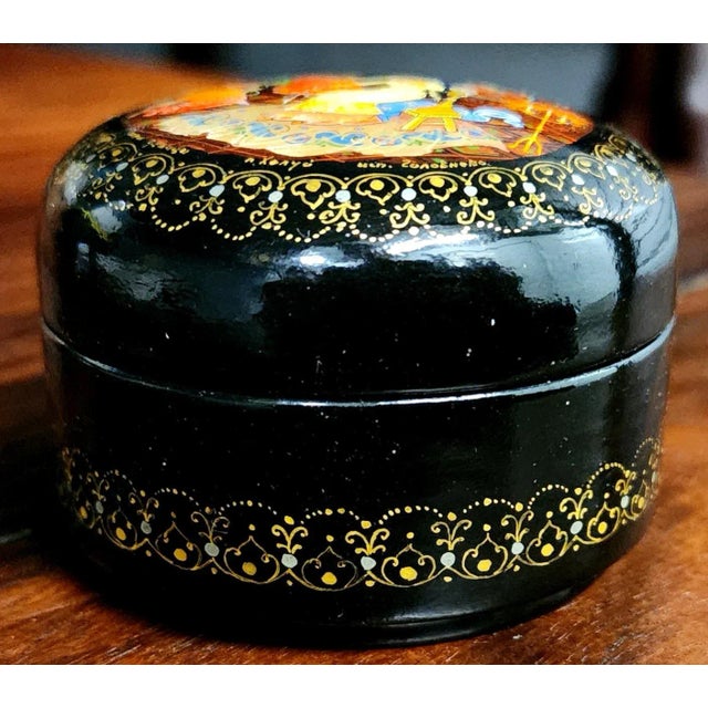 Russian Vintage Polychrome Hand-Painted Fine Black Lacquer Covered Small Round Box. Of Traditional Black Lacquer Ground...