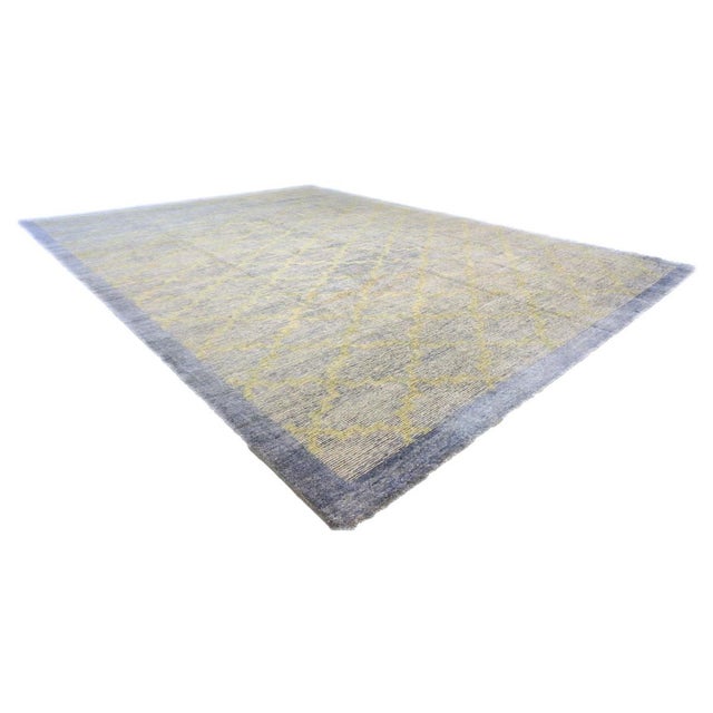 Modern Nepalese Modern Wool & Silk 9X12 Blue & Tan Handmade Area Rug #1143596 For Sale - Image 3 of 6