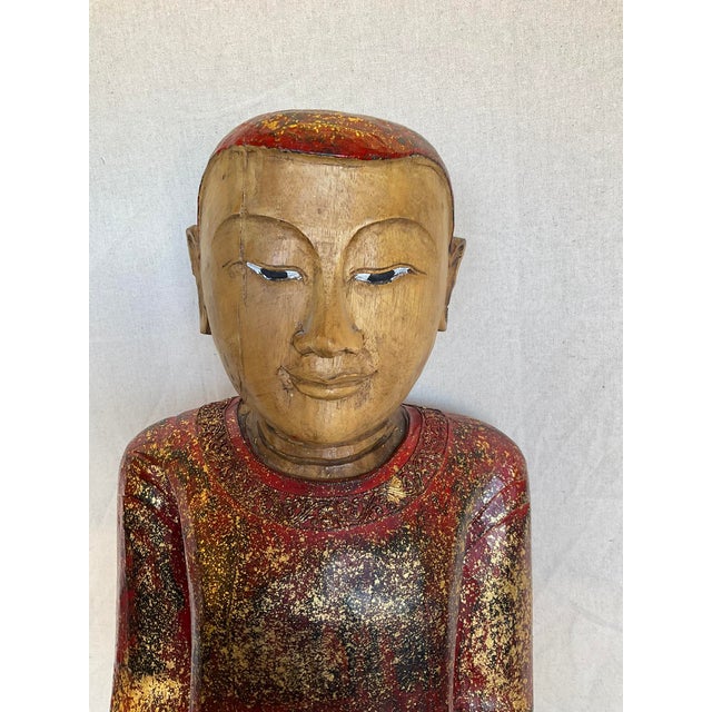 Vintage Buddha Buddhist Carved Wood Burmese Thai Monk Statue For Sale - Image 6 of 11