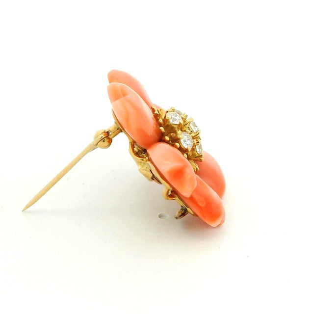 Italian Carved Coral & Diamond 18k Gold Flower Brooch Pendant, Circa 1970 For Sale - Image 4 of 13