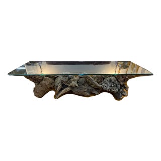 Vintage Driftwood Sculptural Glass Top Coffee Table For Sale