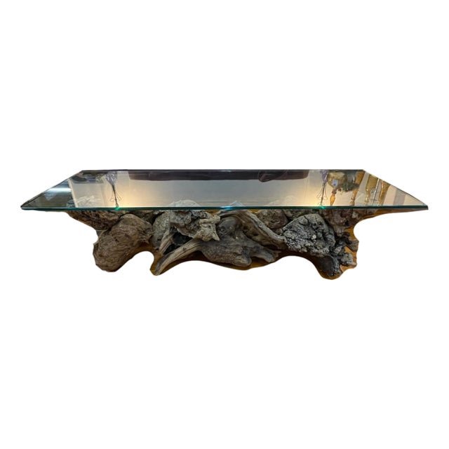 Vintage Driftwood Sculptural Glass Top Coffee Table For Sale