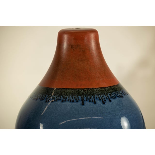 Pair of Artisan Ceramic Vases in Midnight Blue, Pre-Drilled for Lamp Conversion For Sale - Image 4 of 12