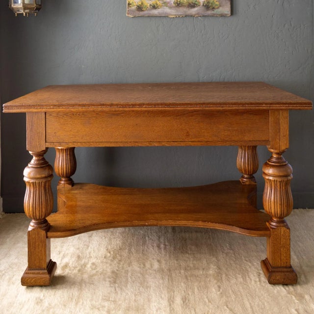 19th Century Jacobean Revival Tiger Oak Library Table or Center Table With Drawers For Sale - Image 14 of 18