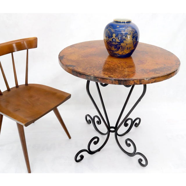 Metal Hammered Coper Top Wrought Iron Base Round Dining Dinette Cafe Table For Sale - Image 7 of 11