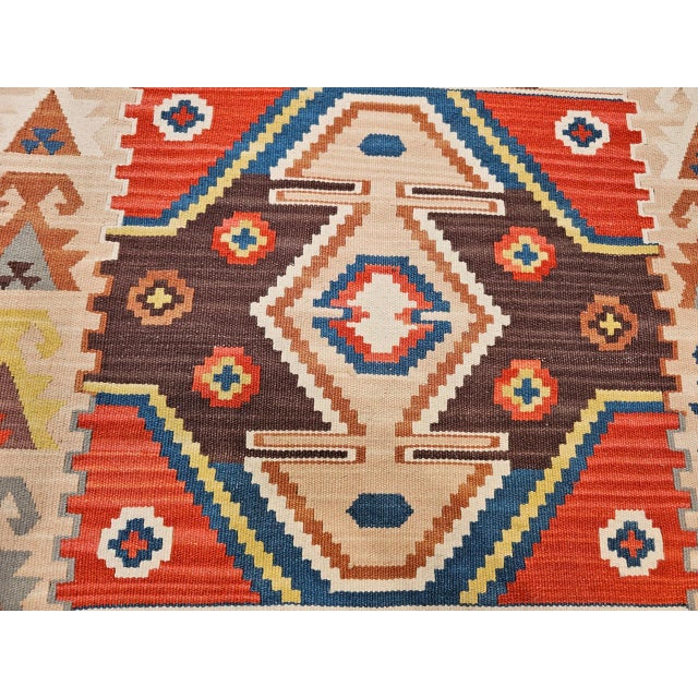 Vintage Turkish Tribal Kilim Runner, Handwoven Wool, Geometric Caucasian Pattern, Blue & Red, 3x8 For Sale - Image 16 of 17
