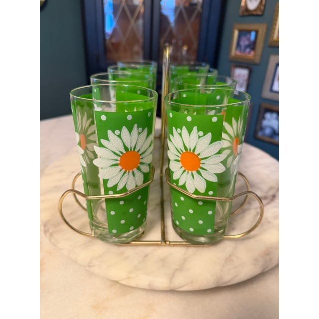 Mid-Century Modern Vintage 1960s Pasinski Signed Daisy Glasses Set of 8 With Metal Caddy Crate For Sale - Image 3 of 11