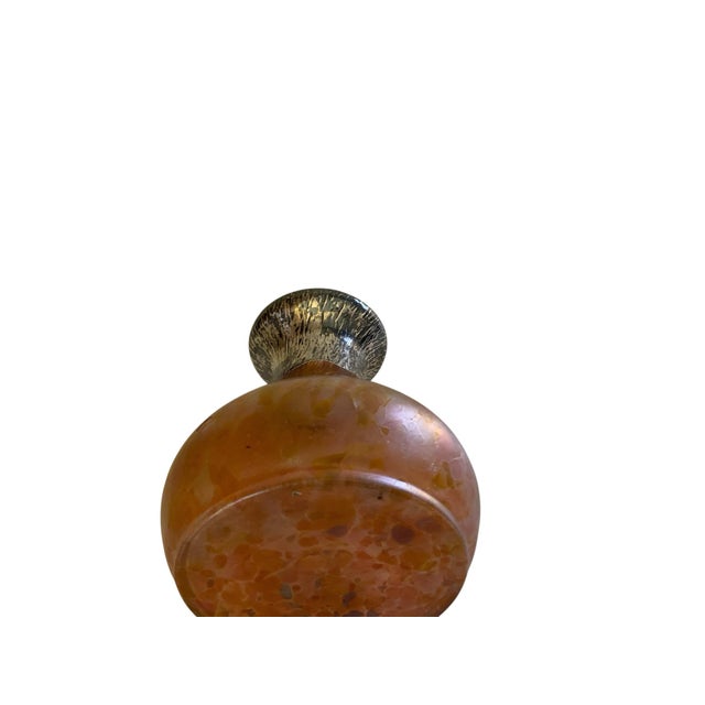 1900 - 1909 Loetz Attributed / Style Antique Iridescent Amber Spatter Art Glass 5" Cabinet Vase Silver Overlay Rim Made in Austria 1900s For Sale - Image 5 of 5