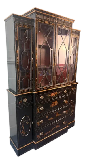 1970s Chinoiserie Black Lacquer Breakfront Cabinet by Union National