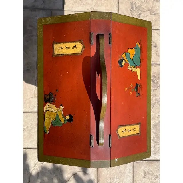 This is a very rare find! Rare earlier 20th century English style japanned sewing cabinet with divided removable tray...