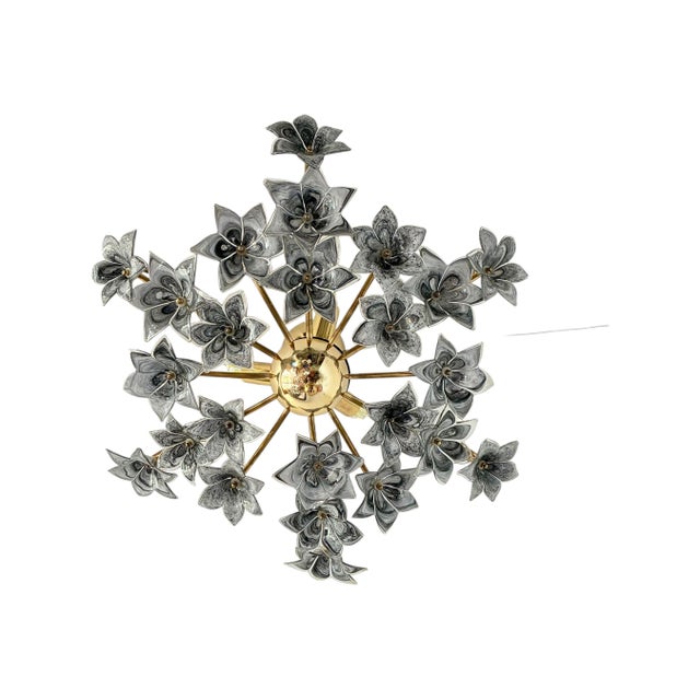1980s Rare Black Murano Style Glass Floral Chandelier | Gothic Romantic Flush Mount Ceiling Light For Sale - Image 4 of 17