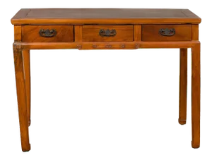 Vintage Chinese Elm Desk with Three Drawers, Iron Hardware and Swirling Motifs