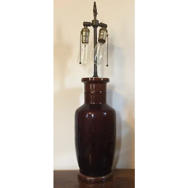 Early 20th Century Antique Chinese Brown Porcelain Rouleau Shape Vase Table Lamp For Sale - Image 13 of 13