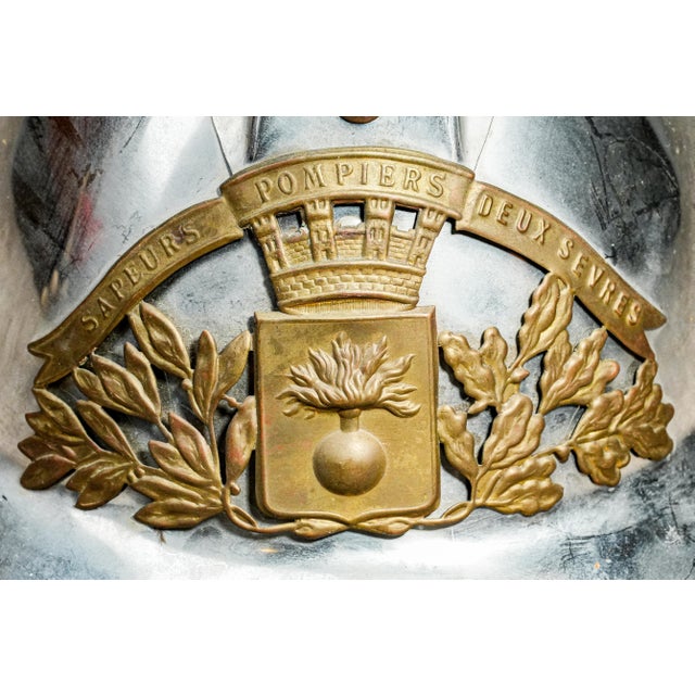 Fascinating Antique French France Fireman's Helmet Decorative Silver Tone Metal With Bronze Crest Home Decor For Sale - Image 4 of 11