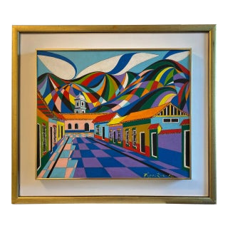 Abstract Geometric Cityscape Painting, Framed For Sale