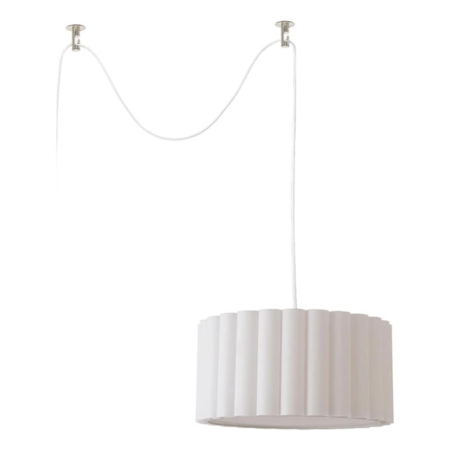 Scallop 15"d Swag Lamp - Drum White Linen Shade, Satin Nickel Steel Body & Base, Inline Dimmer For Sale