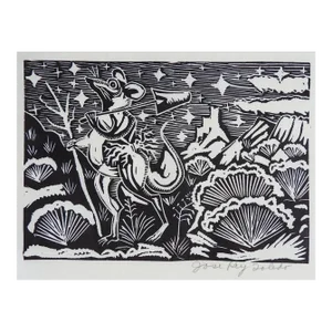 Vintage Mid 20th Century Jose Rey Toledo Traveling Mouse Woodcut