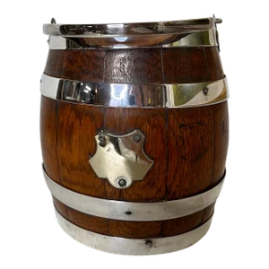 Antique English Oak and Silver Plate Biscuit Jar