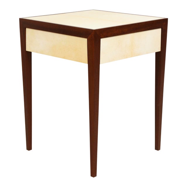 Bespoke Mahogany Parchment Top End Table With Central Drawer For Sale