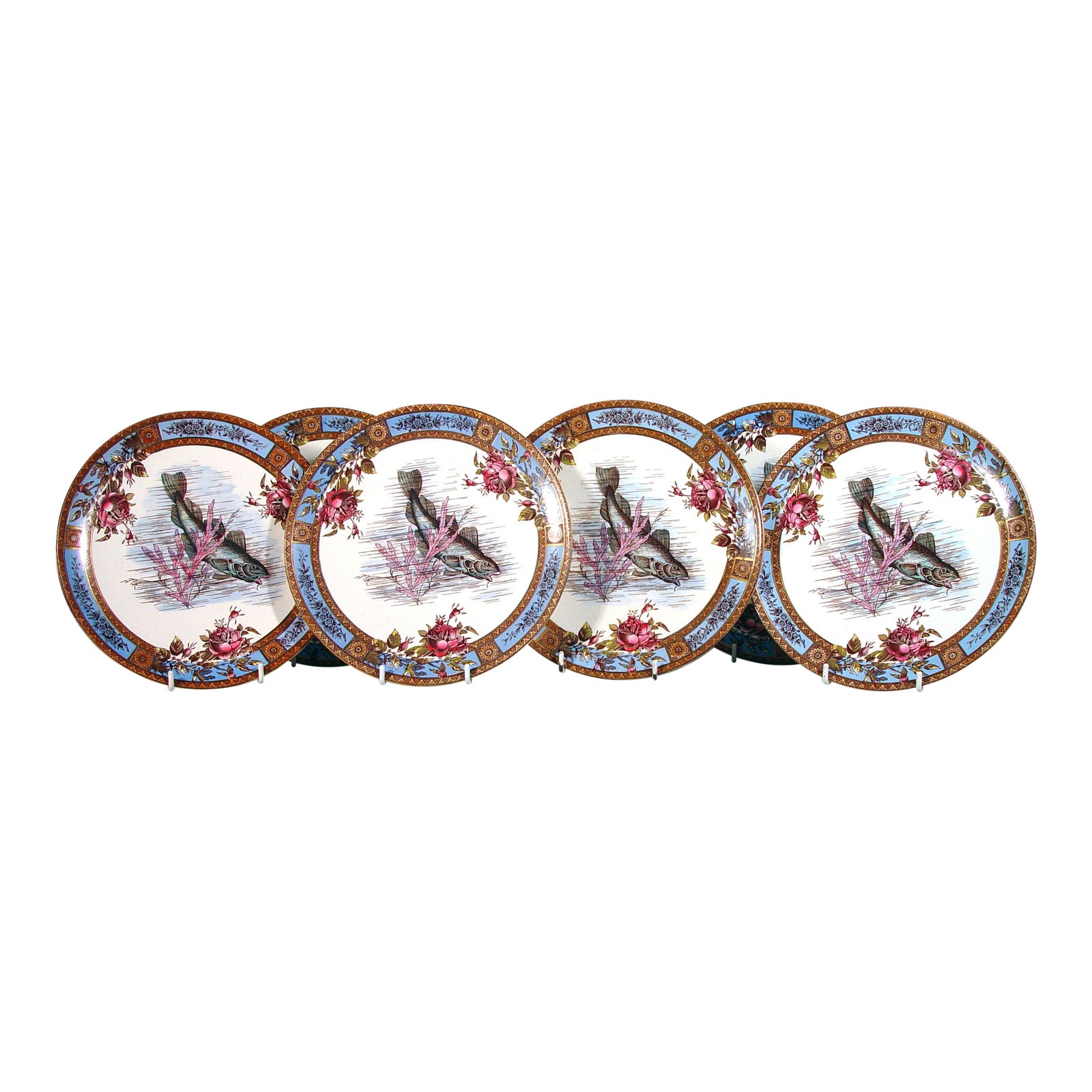 English Pottery Earthenware Set of Six Plates Decorated With Fish Chairish