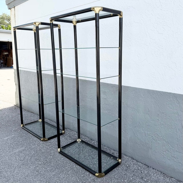 Art Deco Black Lacquered Etagere With Gold Accents and Glass Shelves - A Pair For Sale - Image 4 of 12