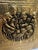 Traditional Vintage Embossed Brass Clad Wood Hearth Storage Chest European Family Scene For Sale - Image 3 of 12