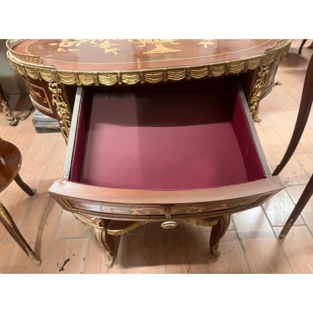 French Elegant Oval Accent Table With Inlaid Wood, Brass Gallery, Drawer & Lower Shelf For Sale - Image 3 of 6