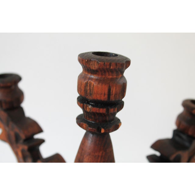 Rustic Spanish Revival Style Carved Wood Five Arm Candelabra For Sale - Image 10 of 12