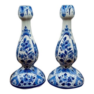 Vintage a.a Visser Dutch Royal Delft Blue Hand Painted Tulip Shaped Candlesticks-Set of 2 For Sale