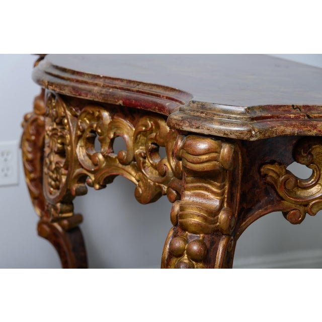 Italian Baroque Style Gilt Wood Console Table Faux Tortoiseshell For Sale - Image 4 of 12