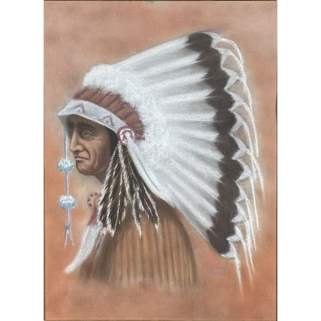 Original Vintage 1978 Western Fine Art Native American Indian Chief Red Cloud Framed Pastel Portrait Drawing This striking...