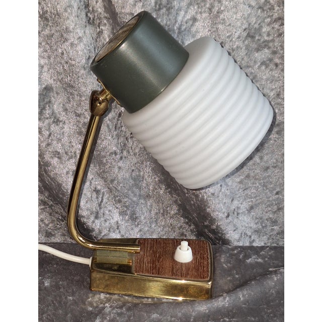 Mid-Century Brass and Teak Wood Table Lamp with White Glass Shade, Germany, 1960s, in Very Good conditions. Designed 1960...
