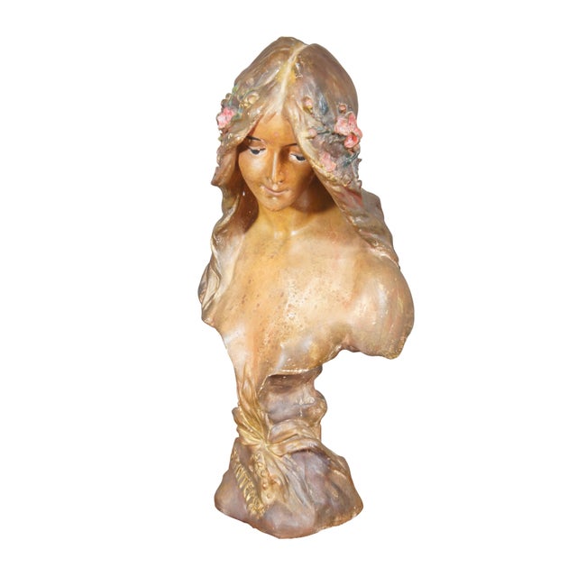 Art Nouveau Mid 20th Century Le Printemps Spring Chalkware Bust Statue Sculpture H. L. Bläsche 24" For Sale - Image 3 of 12