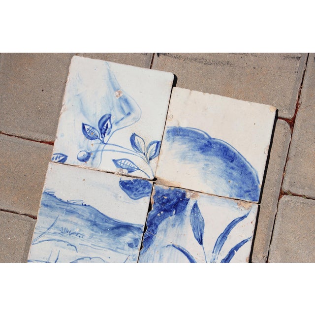 Baroque 18th Century Portuguese Hand-Painted Landscape Tiles Featuring Botanical Motifs in Cobalt Blue & White, Set of 6 For Sale - Image 3 of 6