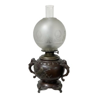 Antique Patinated Bronze Oil Lamp Kerosene Meiji Style Etched Glass Globe Eagle For Sale