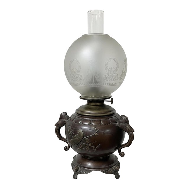 Antique Patinated Bronze Oil Lamp Kerosene Meiji Style Etched Glass Globe Eagle For Sale