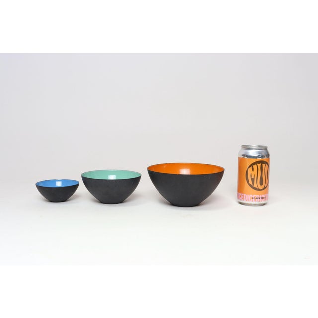 1970s Set of Three Danish Modern Krenit Bowls by Herbert Krenchel in Orange, Mint, and Blue Enamel For Sale - Image 5 of 12