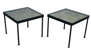 Custom Square Iron Frame Glass Top Side Tables - A Pair