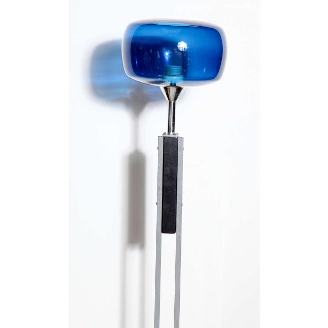 1960s Danish Modern Nickel & Black Enamel Floor Lamp With Blue Glass Shade For Sale - Image 4 of 7