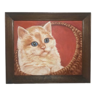 Original Mid-Century Dolly Decker Cat Painting “Playtime” Framed Oil on Canvas, Big Eyes Kitten Art For Sale